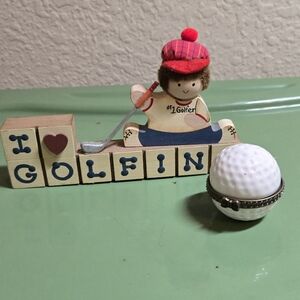 Golf Ceramic Keepsake Box Pill Box With Golf Wooden Sign Vintage Lot